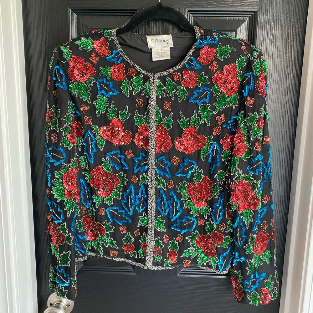 Vintage Stenay Womens Evening Jacket Sequin Top Black Blue Red 80s-Size S - Picture 1 of 6